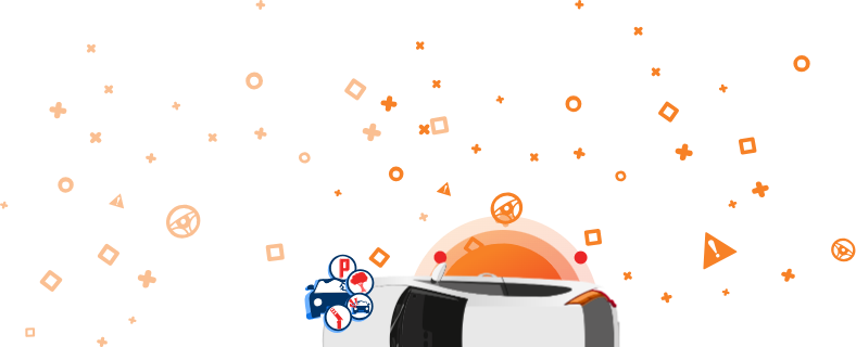 Графика разбитого автомобиля с иконками повреждений при парковке, удара о дерево и столкновения на оранжевом фоне.