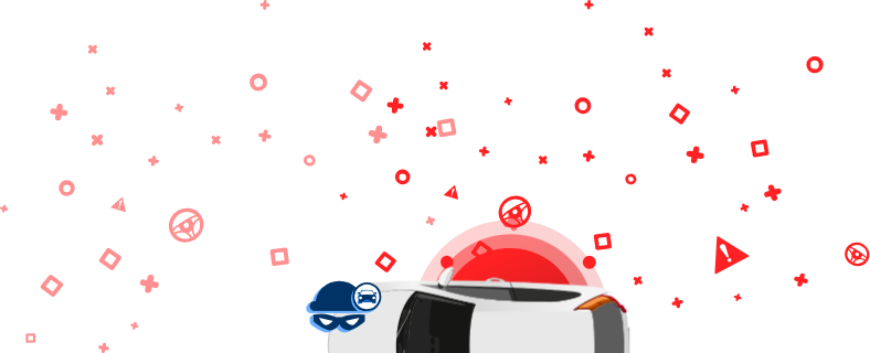 График с изображением автомобиля, обмотанного пленкой, капота грабителя и кепки со значком автомобиля на красном фоне. На этом изображении показан доступ к базам данных угнанных автомобилей, чтобы проверить, не был ли угнан автомобиль.