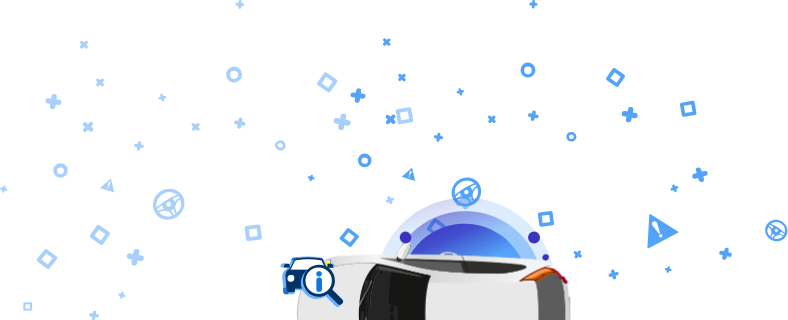 Иллюстрация с изображением белого автомобиля сверху с синими значками вокруг и надписью VIN.