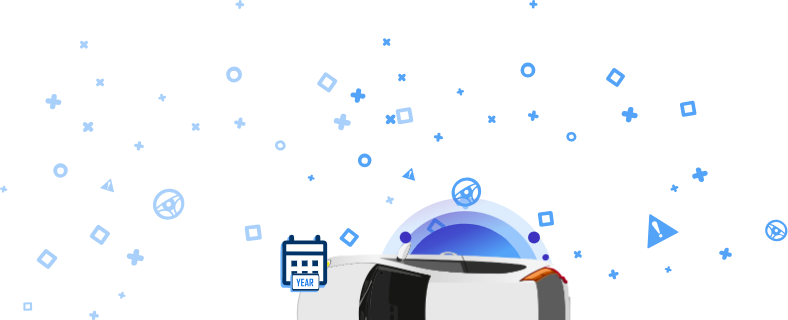 Белый автомобиль сверху с синими значками, включая слово «REGISTERED» и другие автомобильные символы.