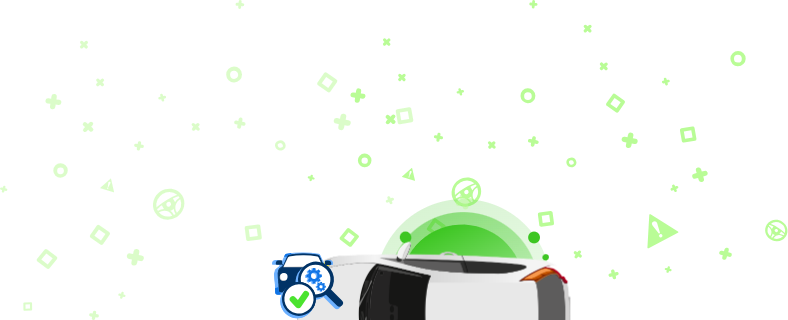 Белый автомобиль сверху и значки по всему периметру, включая слово «SERVICED», символ «VIN» и другие автомобильные символы