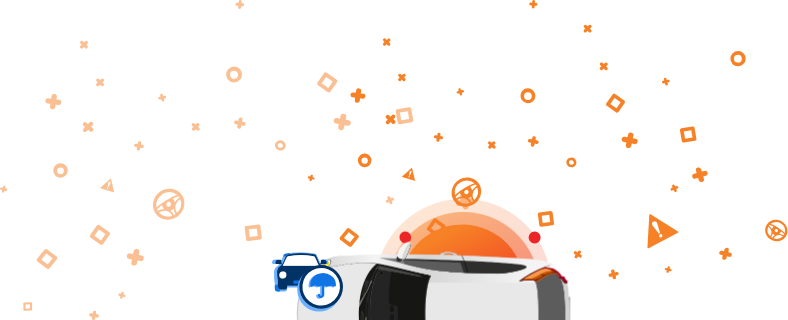 Белый автомобиль сверху с оранжевыми значками, включая слова «INSURED?» и другие автомобильные символы.