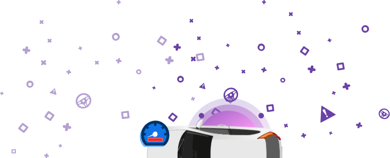 Изображение поврежденного автомобиля с одометром, на котором красная полоса на фиолетовом фоне.