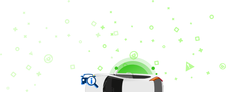 Иллюстрация автомобиля с лупой, на которой изображен информационный значок на зеленом фоне с декоративными фигурами. Это изображение указывает на проверку VIN-номера автомобиля для получения подробной информации.