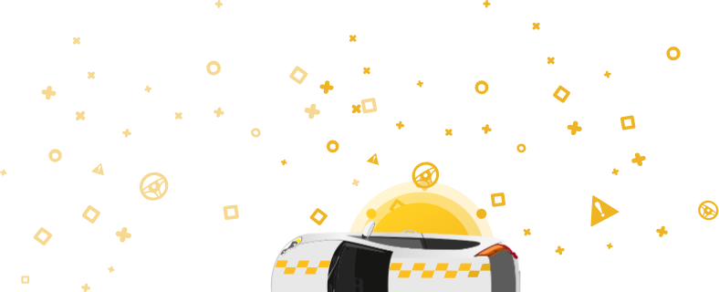 Изображение автомобиля со знаком такси в верхней части на желтом фоне с геометрическими фигурами. Эта графика связана с назначением автомобиля, показывая, что он эксплуатировался в качестве такси.