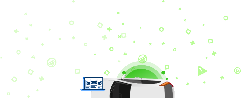 Иллюстрация автомобиля с ноутбуком, на котором отображаются изображения транспортного средства, и зеленый фон с геометрическими фигурами. Это изображение указывает на использование QR-кода для доступа к подробным данным об автомобиле.