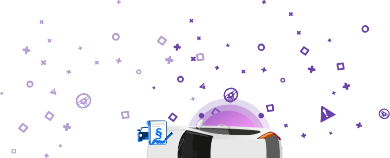 Изображение автомобиля с документом, на котором изображен символ параграфа и подпись, на фиолетовом фоне. Этот значок указывает на наличие налоговых обязательств на автомобиле.