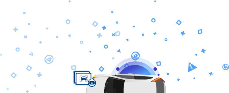 Изображение поврежденного автомобиля со значком камеры и значком автомобиля на синем фоне с декоративными элементами. Этот значок указывает на включение изображений автомобиля для детальной визуальной записи.